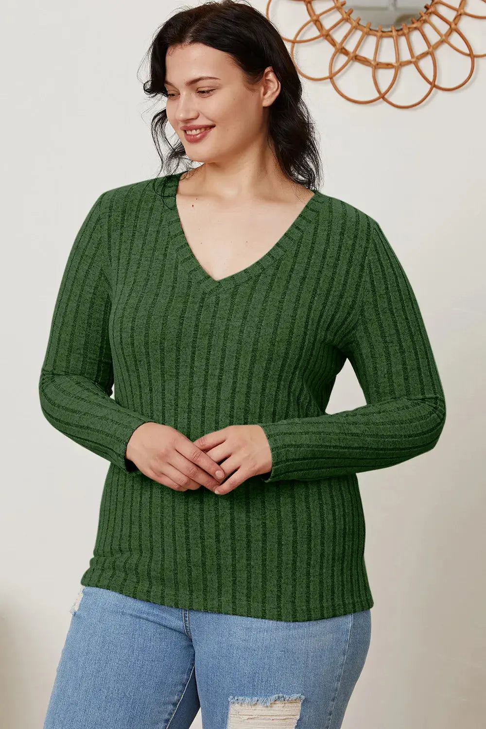 Basic Bae Full Size Ribbed V-Neck Long Sleeve T Shirt for Women - Be Bliss Boutique