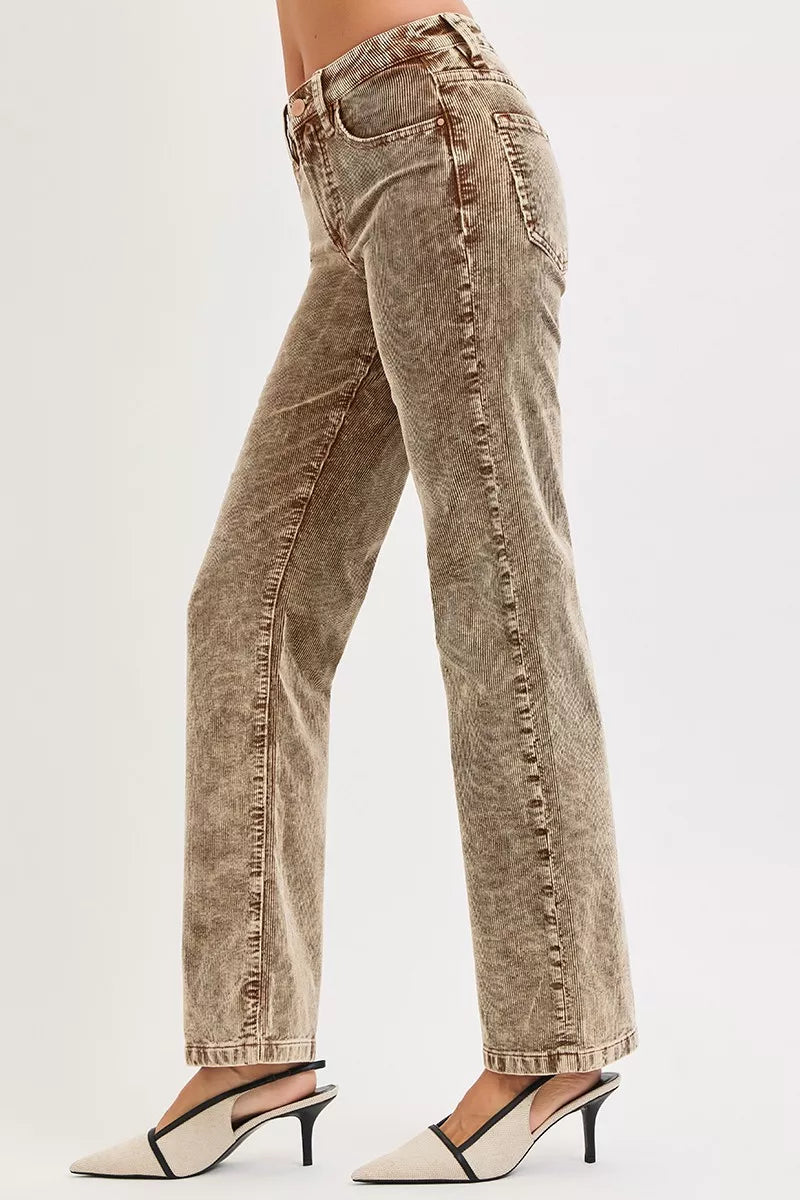 RISEN Tummy Control Mid Rise Straight Leg Corduroy Pants - Be Bliss Boutique