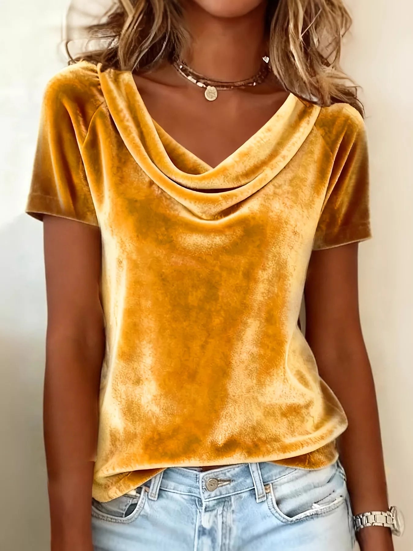 Velvet Cowl Neck Short Sleeve Top - Be Bliss Boutique