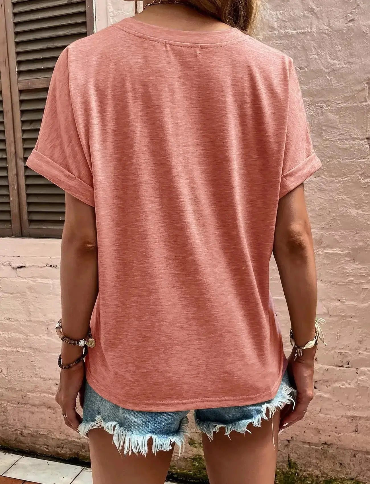 Full Size Notched Rolled Short Sleeve T Shirt - Be Bliss Boutique