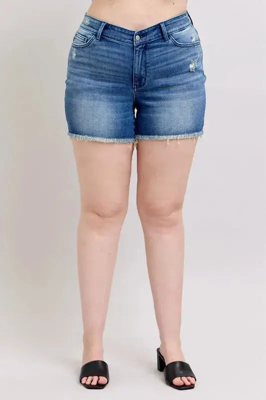 Judy Blue Jeans - Full Size V-Front Denim Shorts with Shield Pockets - Be Bliss Boutique