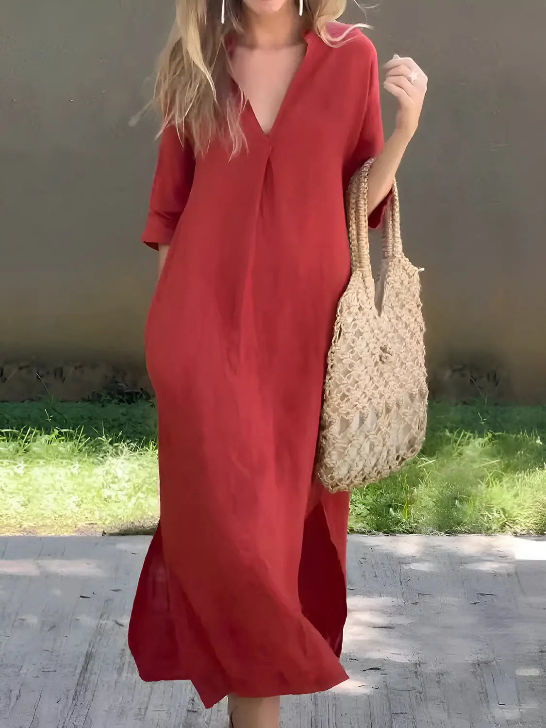 Full Size Notched Half Sleeve Midi Dress - Be Bliss Boutique