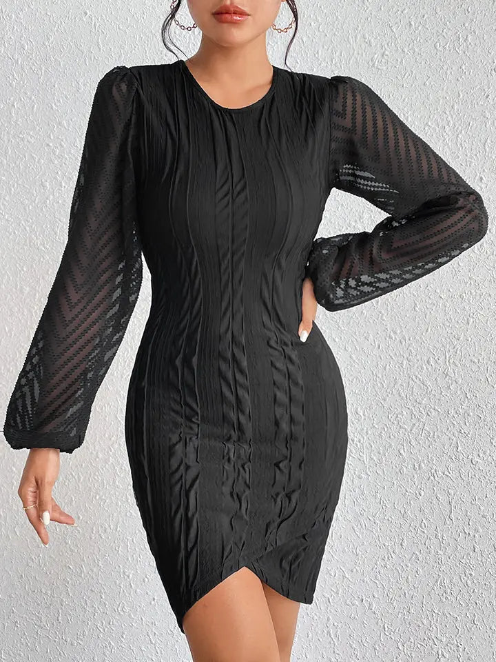 Round Neck Puff Sleeve Tulip Hem Mini Dress - Be Bliss Boutique