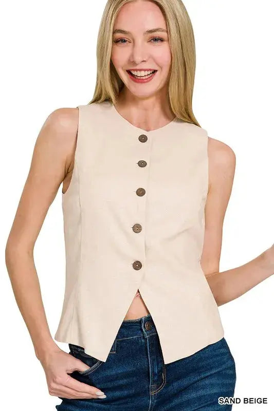 Zenana Beige Linen Button Down Vest - Be Bliss Boutique