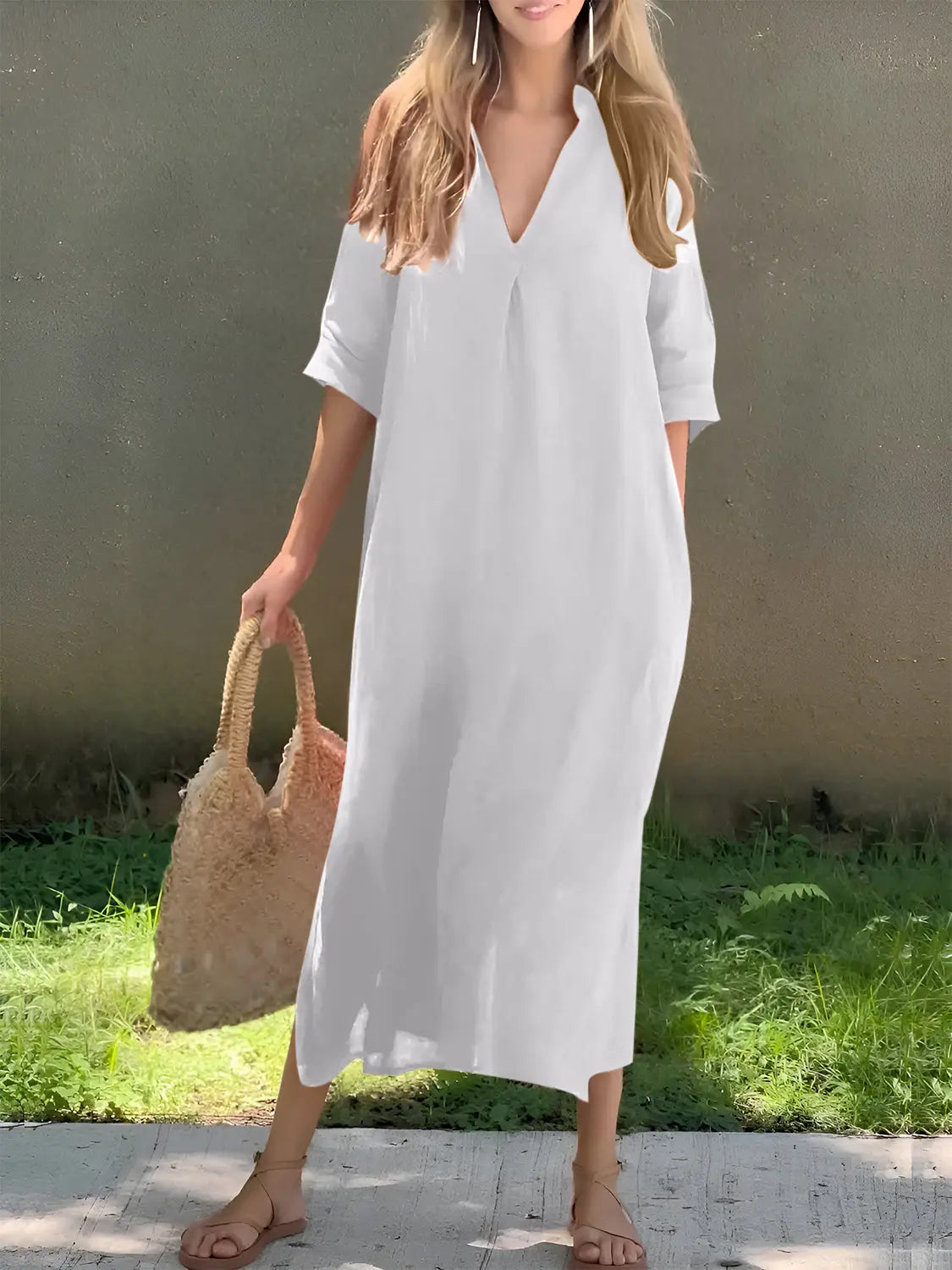 Full Size Notched Half Sleeve Midi Dress - Be Bliss Boutique