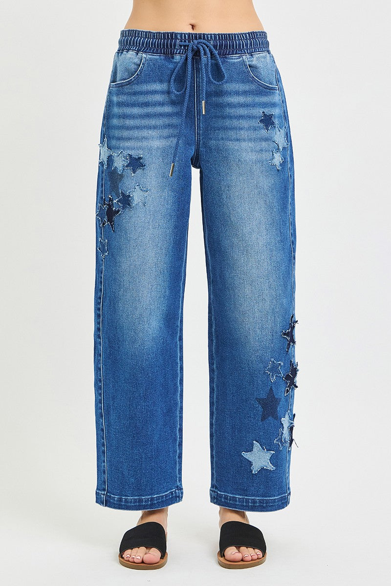 RISEN Elastic Band Slouchy Cropped Barrel Jeans with Star Patch - Be Bliss Boutique