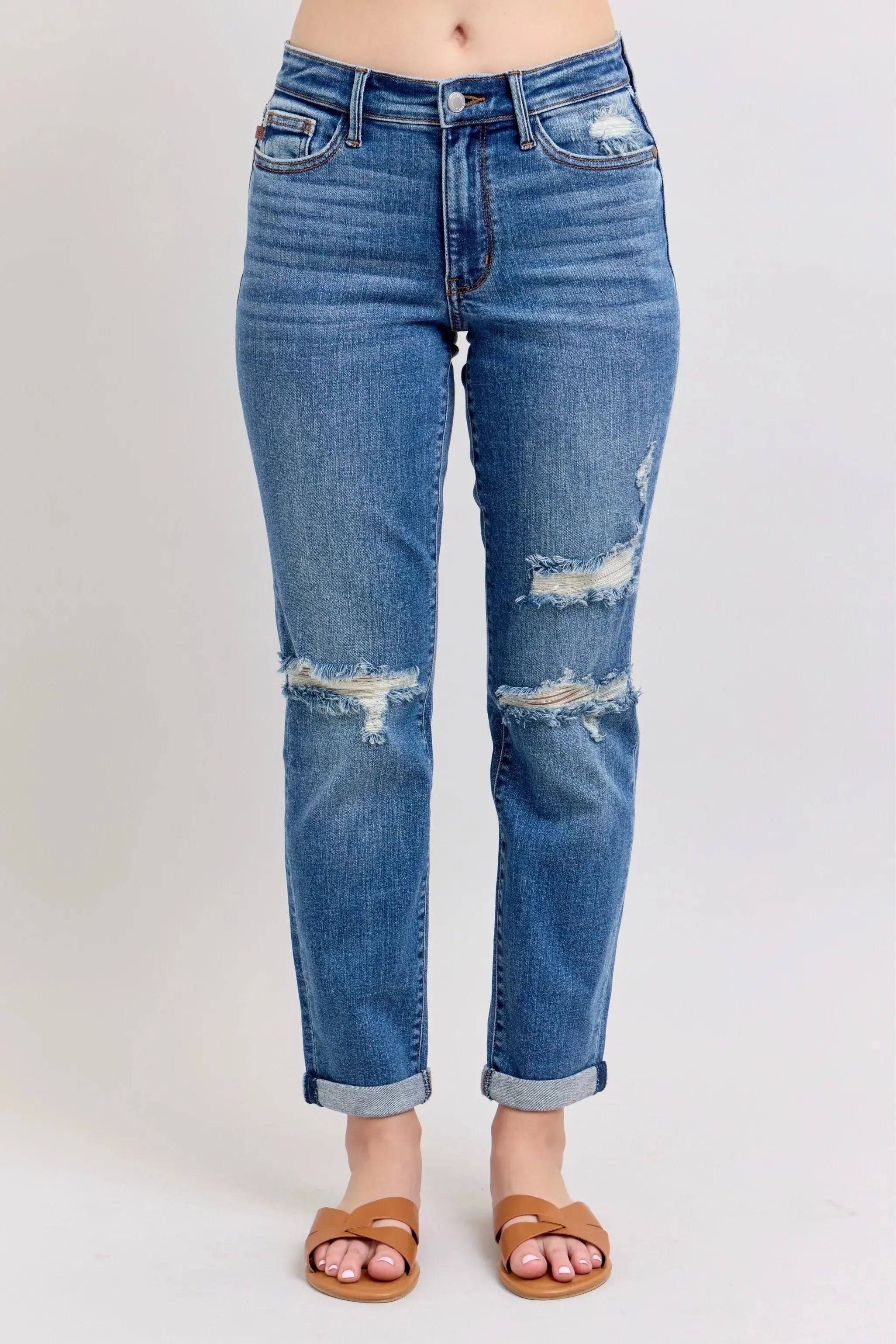 Full Size Mr Vintage Wash Boyfriend Fit w/ Destroy Judy Blue Jeans - Be Bliss Boutique