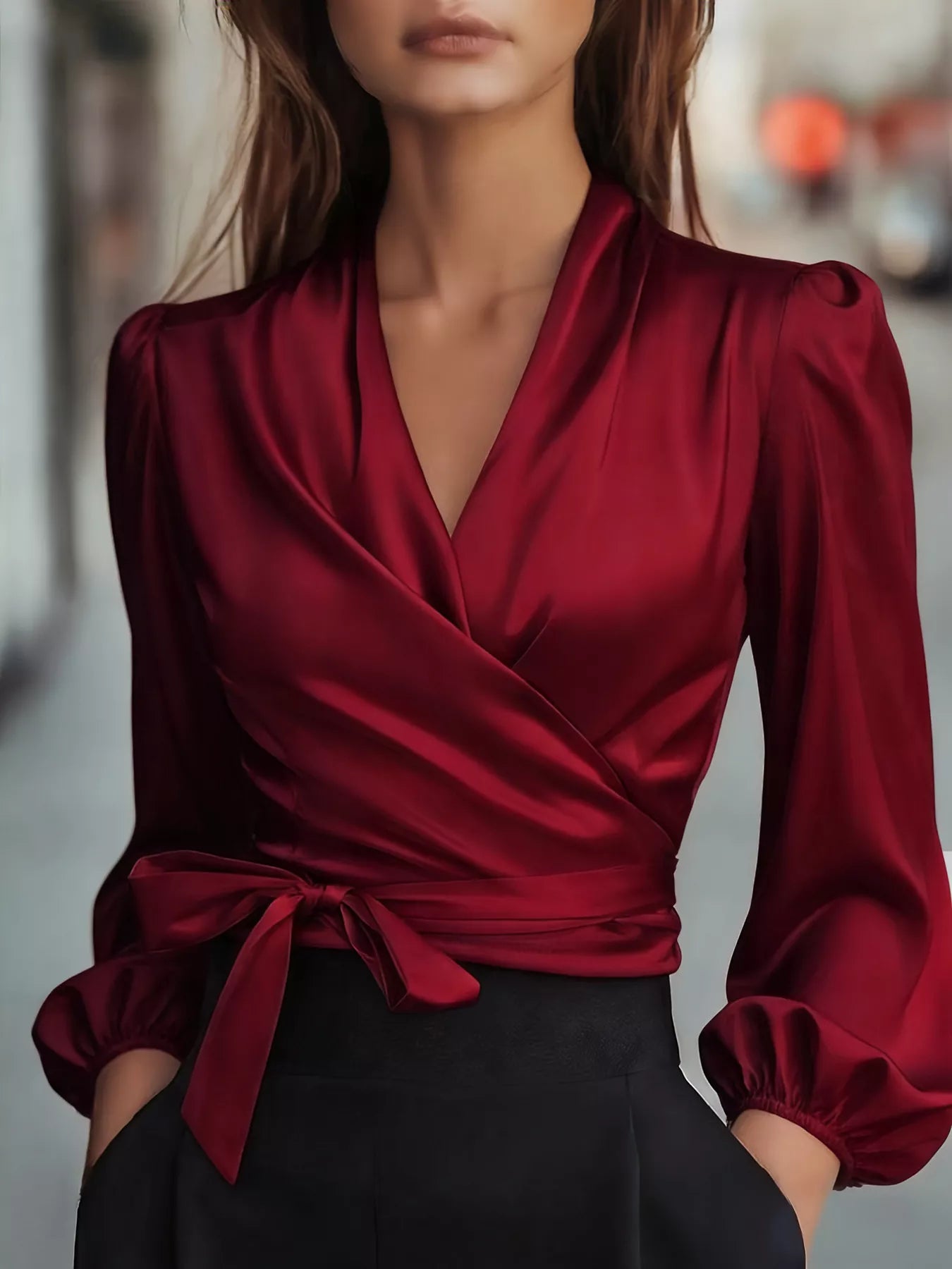 Satin Tied Balloon Sleeve Blouse - Be Bliss Boutique