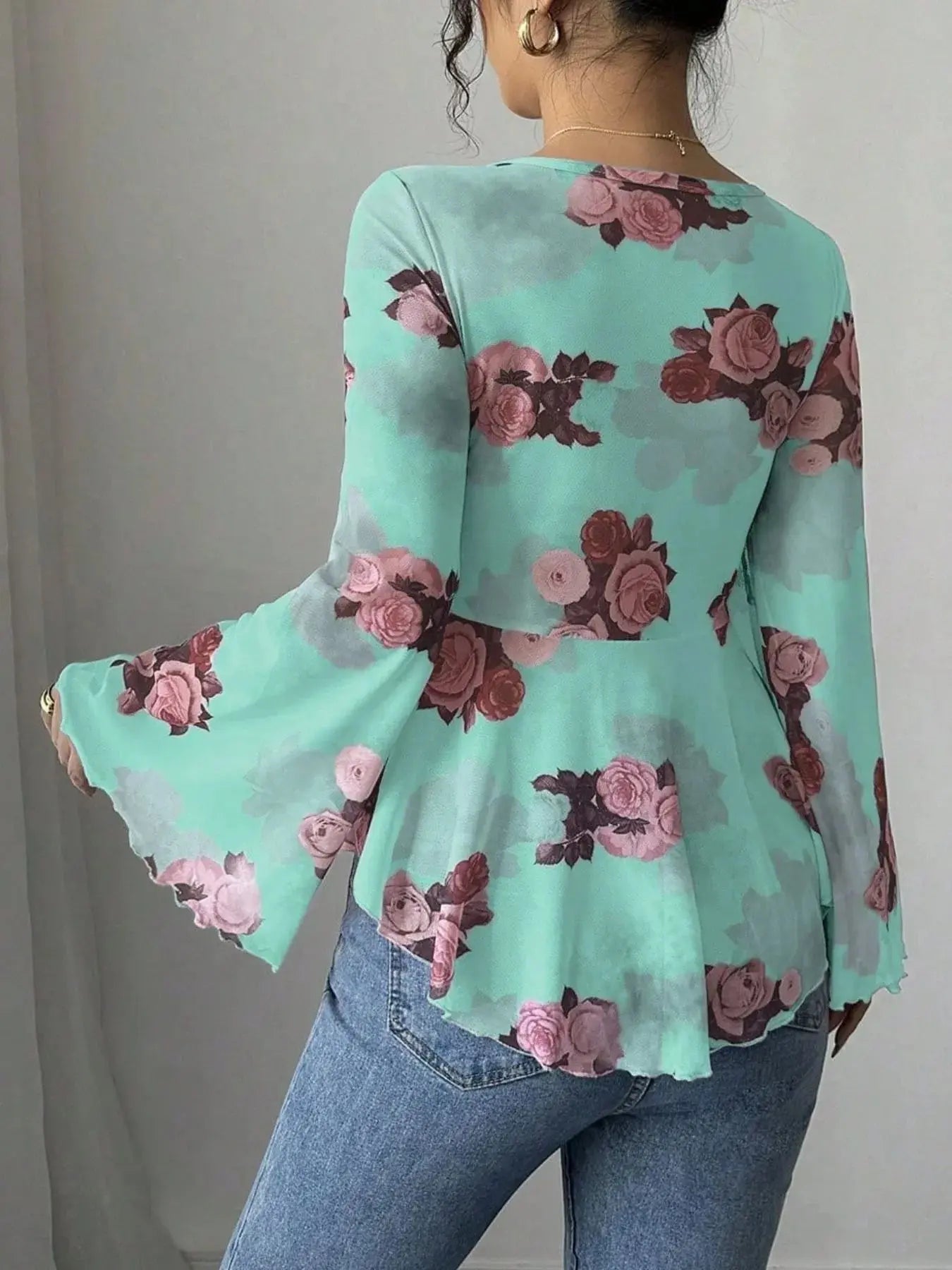 Floral Tie Front Flare Sleeve Blouse - Be Bliss Boutique