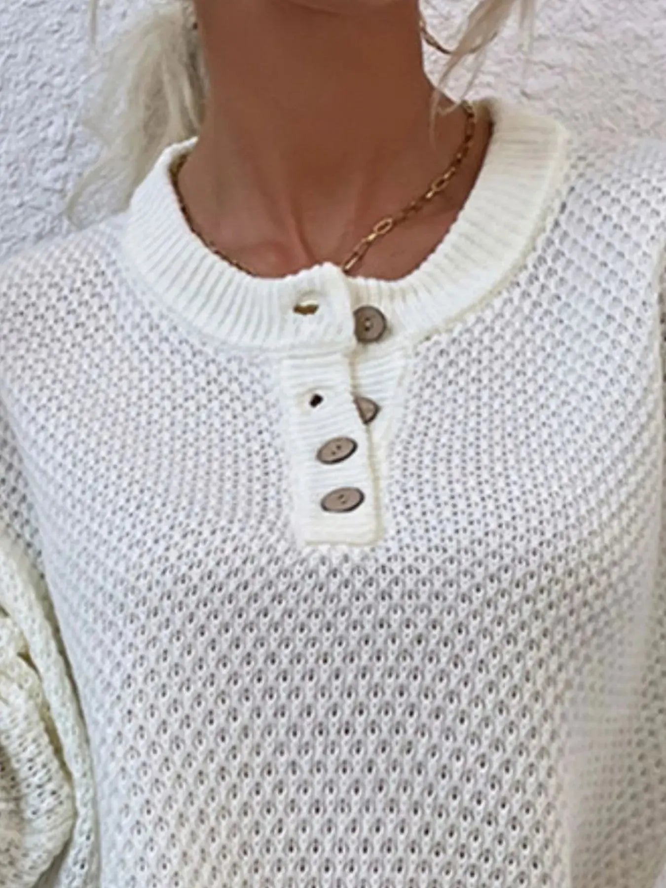 Waffle-Knit Button Detail Long Sleeve Knit Top - Be Bliss Boutique