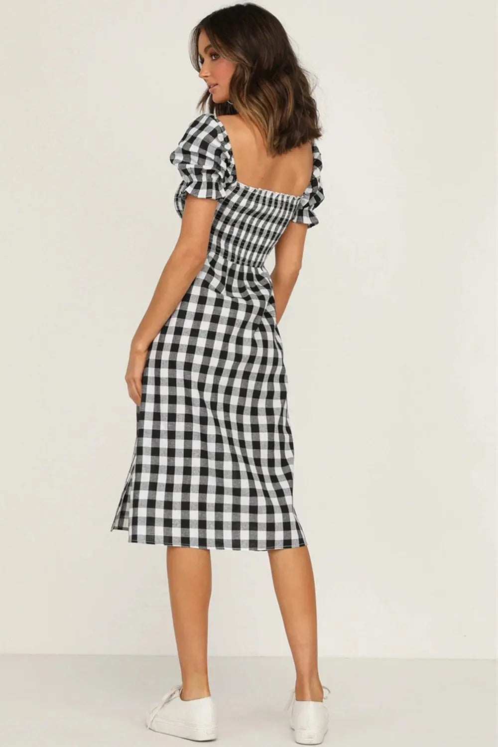 Full Size Slit Plaid Short Sleeve Midi Dress - Be Bliss Boutique