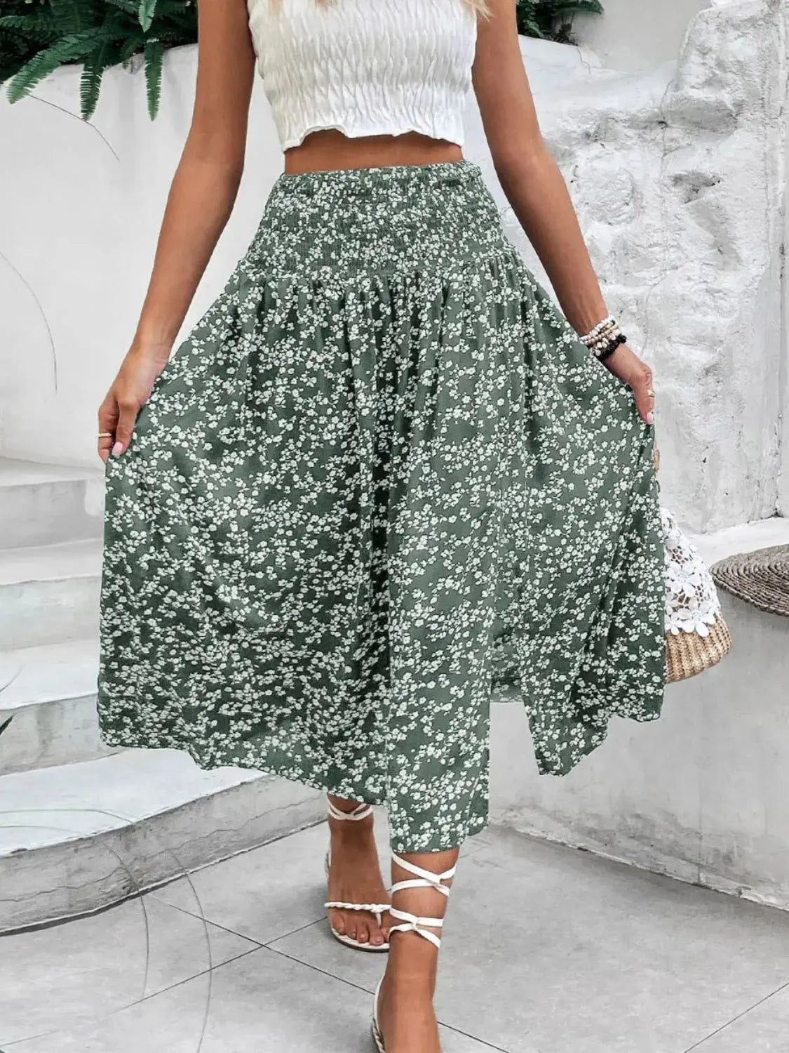 Slit Smocked High Waist Floral Midi Skirt - Be Bliss Boutique