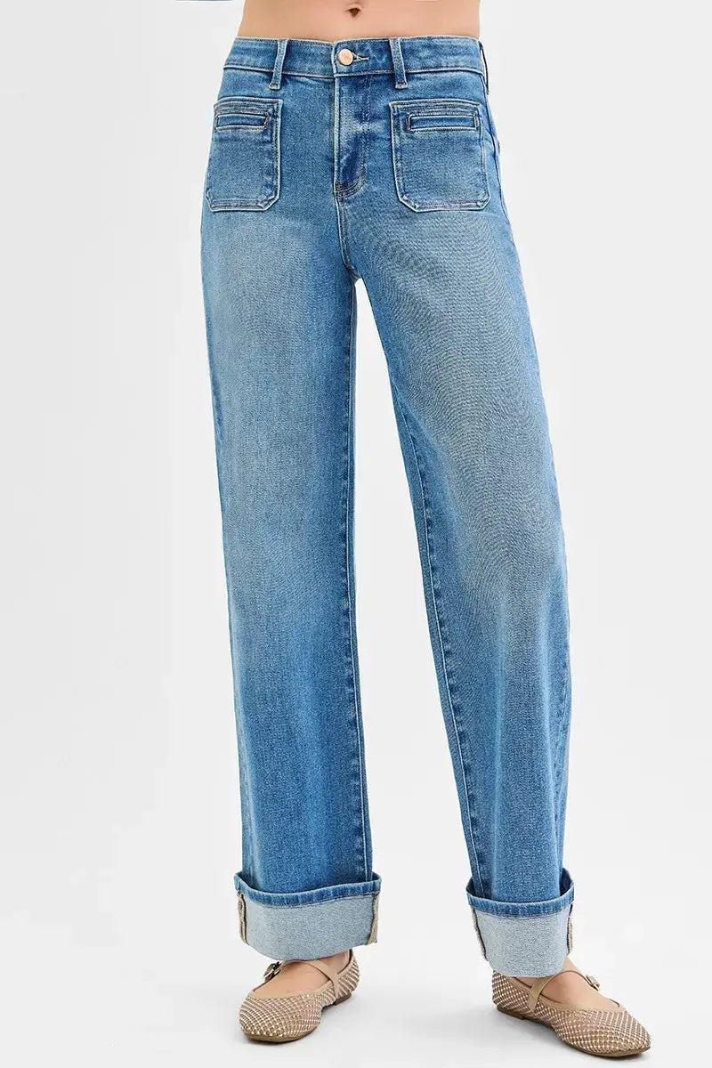 Full Size Elastic Band Mid Rise Wide Front Patch Pocket Cuff RISEN Jeans - Be Bliss Boutique