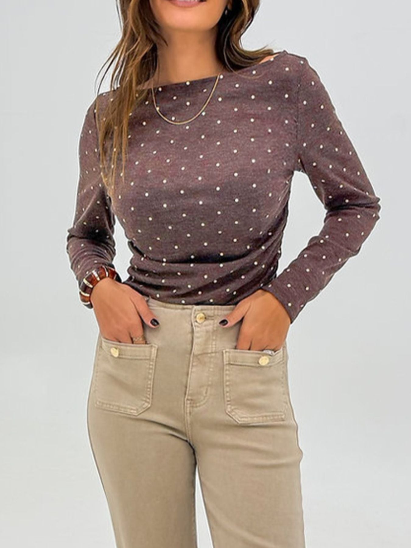 Polka Dot Boat Neck Knit Long Sleeve Shirt - Be Bliss Boutique
