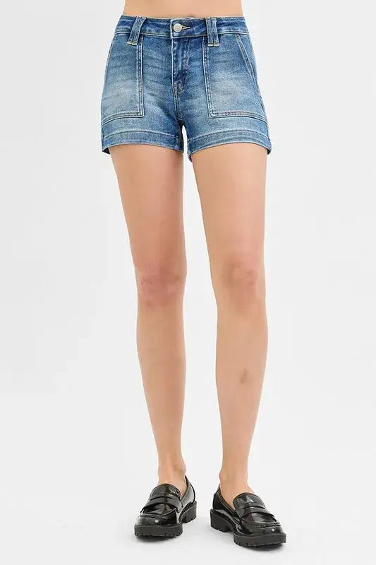 RISEN Jeans - Low Rise Patched Pocket Shorts - Be Bliss Boutique