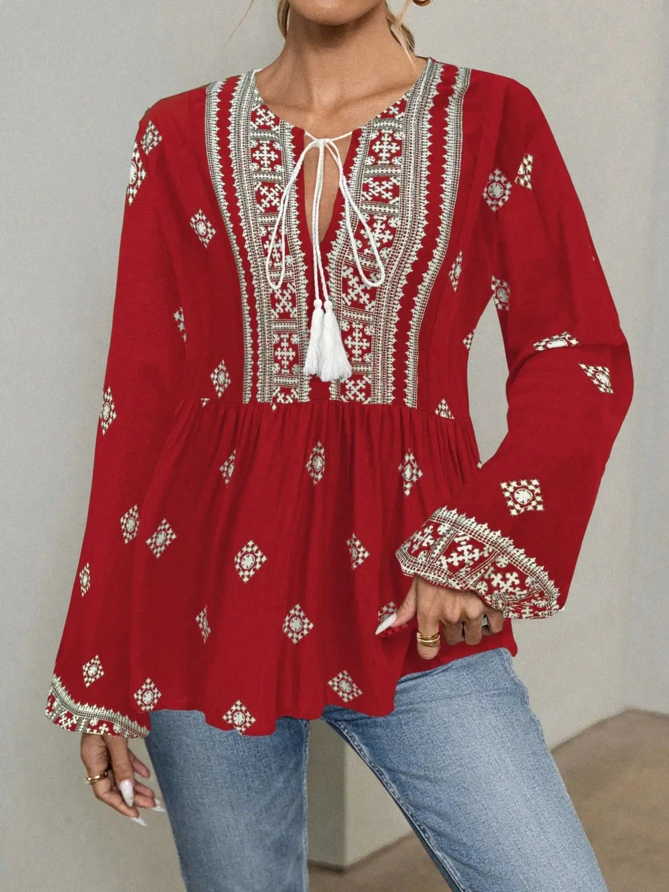Tie Front Long Sleeve Boho Blouse - Be Bliss Boutique