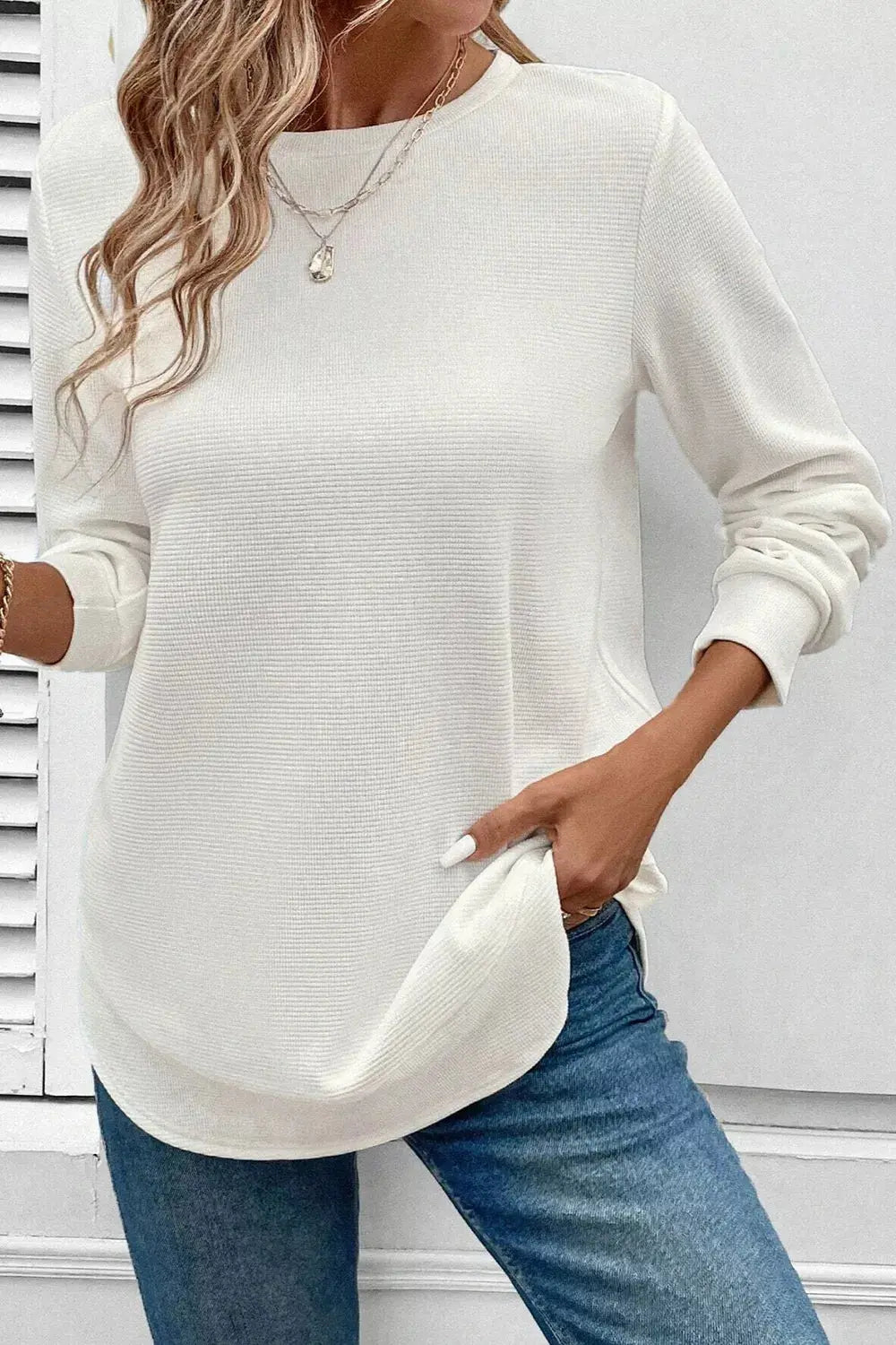 Rounded Neck Long Sleeve Waffle Knit Top - Be Bliss Boutique