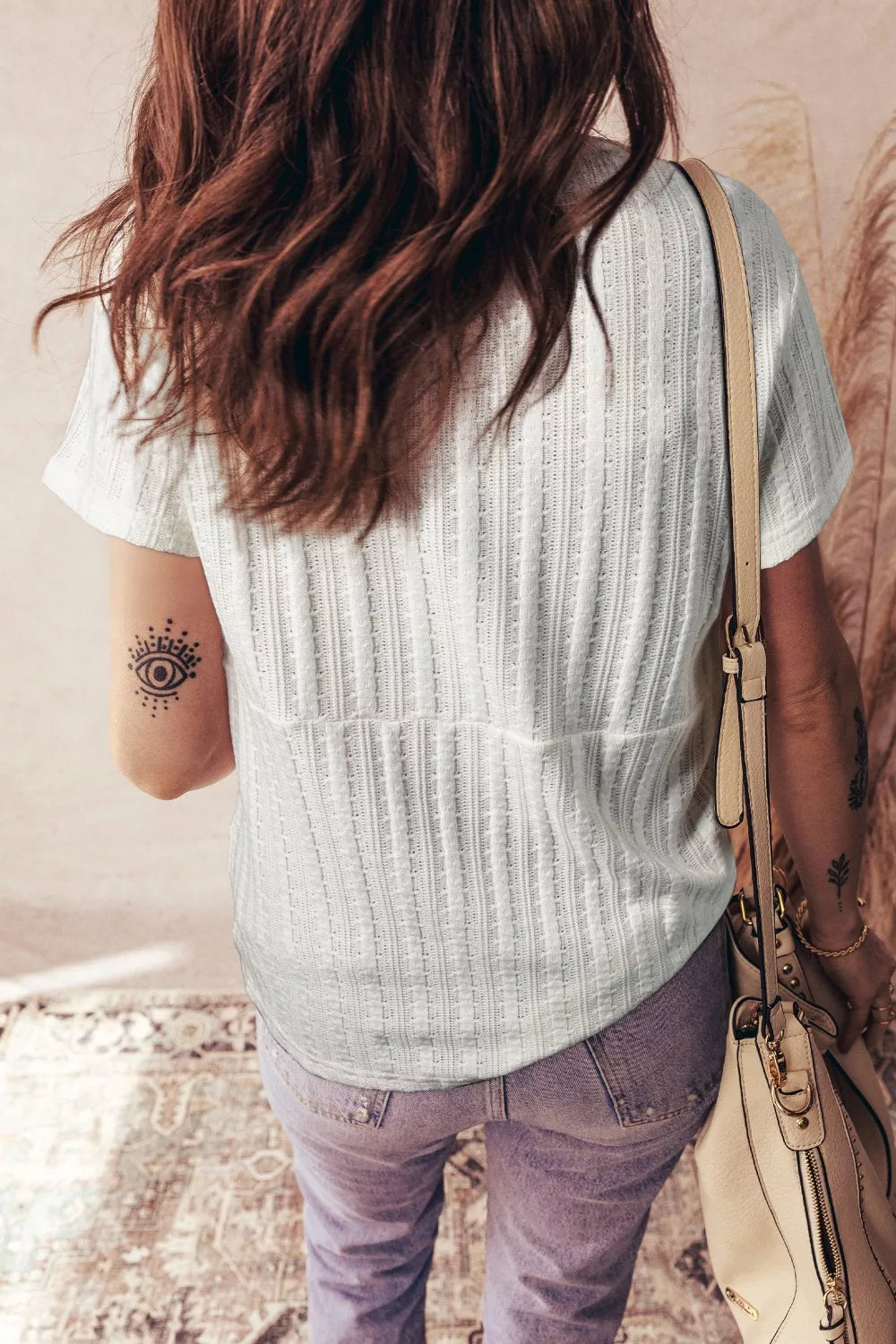 Ribbed Knit Button Detail V Neck T Shirt - Be Bliss Boutique
