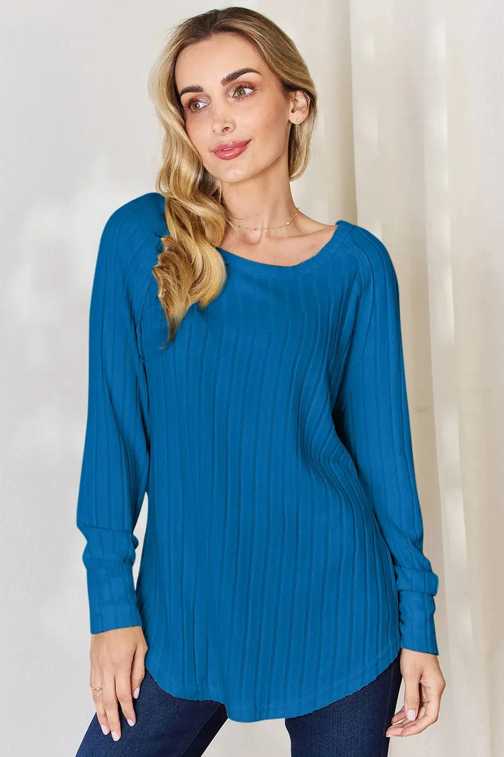 Basic Bae Ribbed Round Neck Slit Womens Long Sleeve T Shirt – Full & Plus Size - Be Bliss Boutique