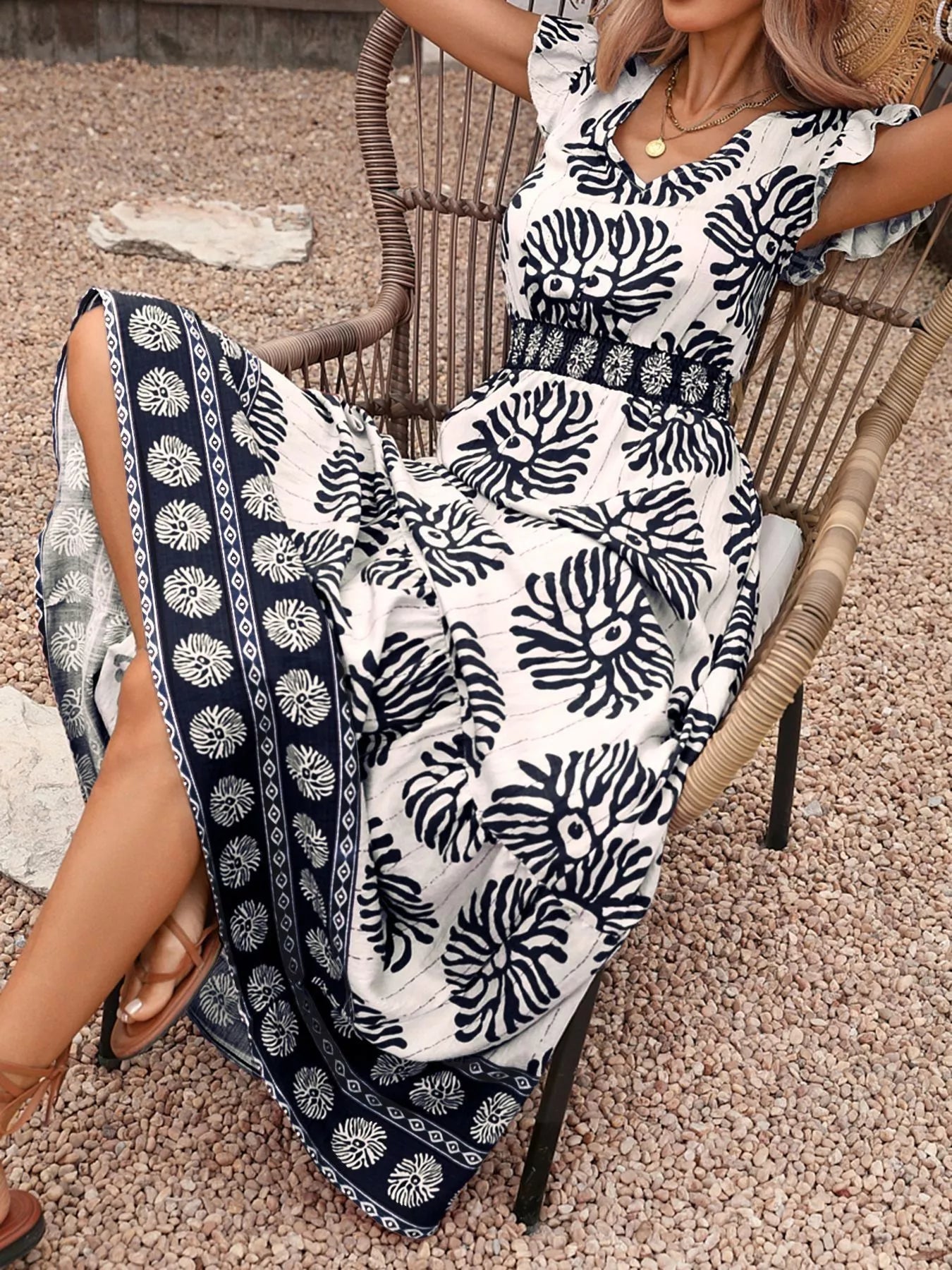 Printed V Neck Cap Sleeve Maxi Dress - Be Bliss Boutique