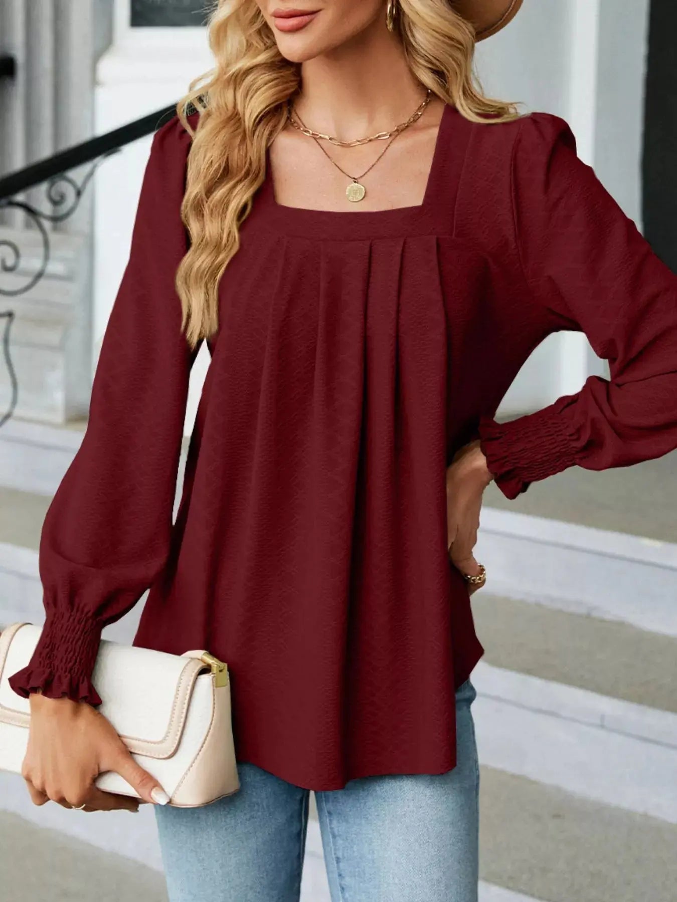 Pleated Square Neck Long Sleeve Top - Be Bliss Boutique