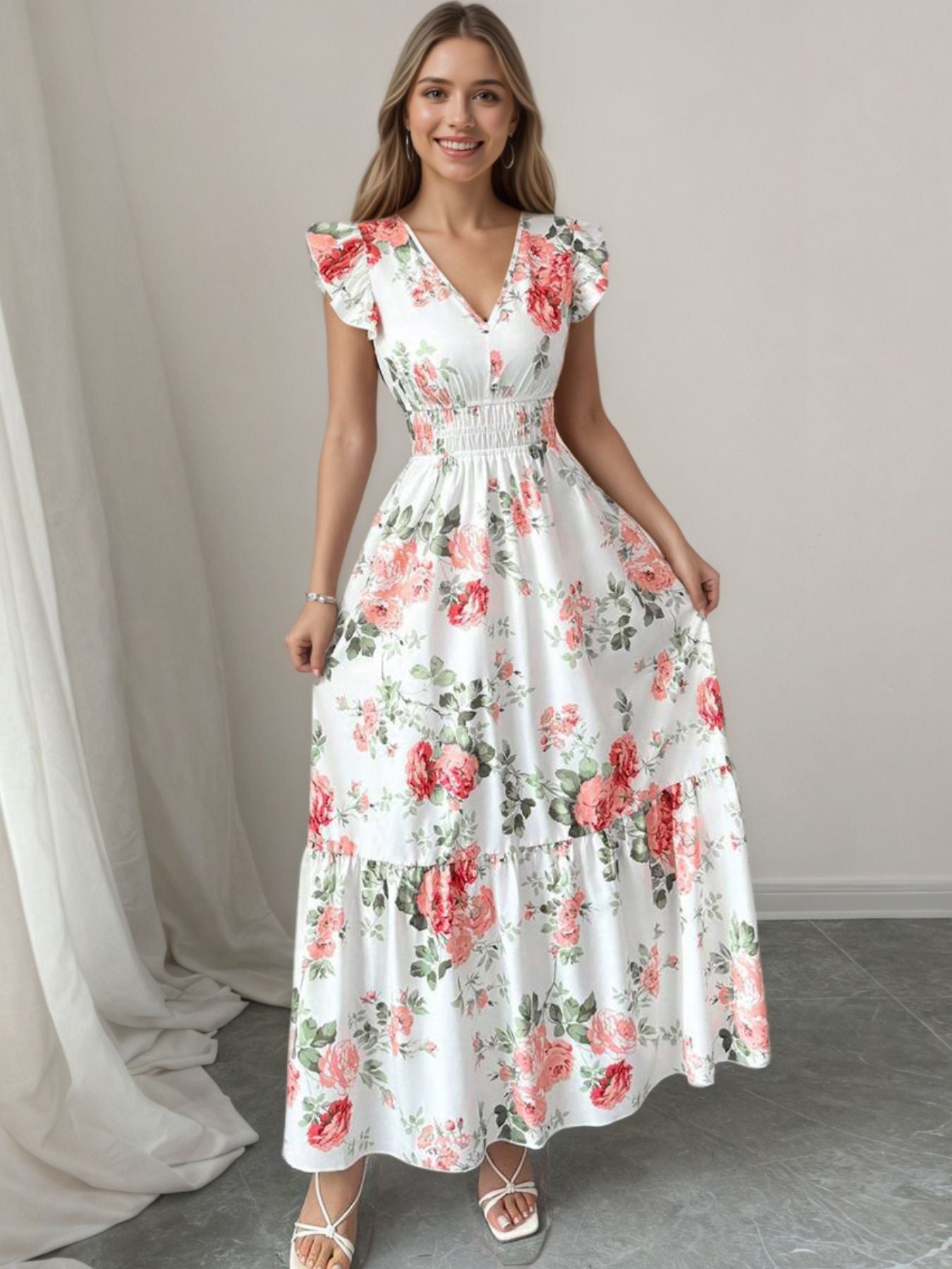 Floral Print Ruffle Sleeve Tiered Maxi Dress - Be Bliss Boutique