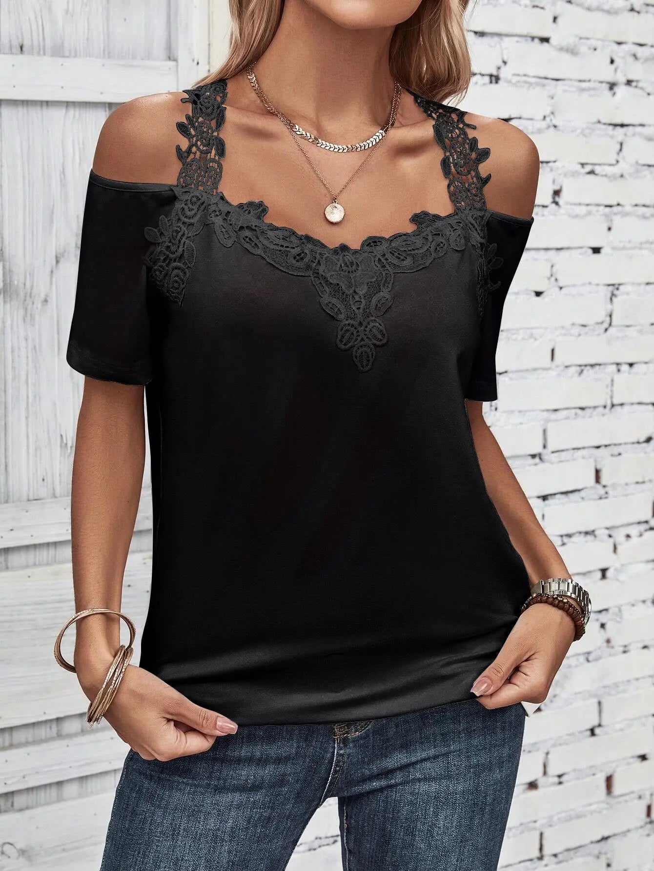 Full Size Lace Detail Short Sleeve T-Shirt - Be Bliss Boutique