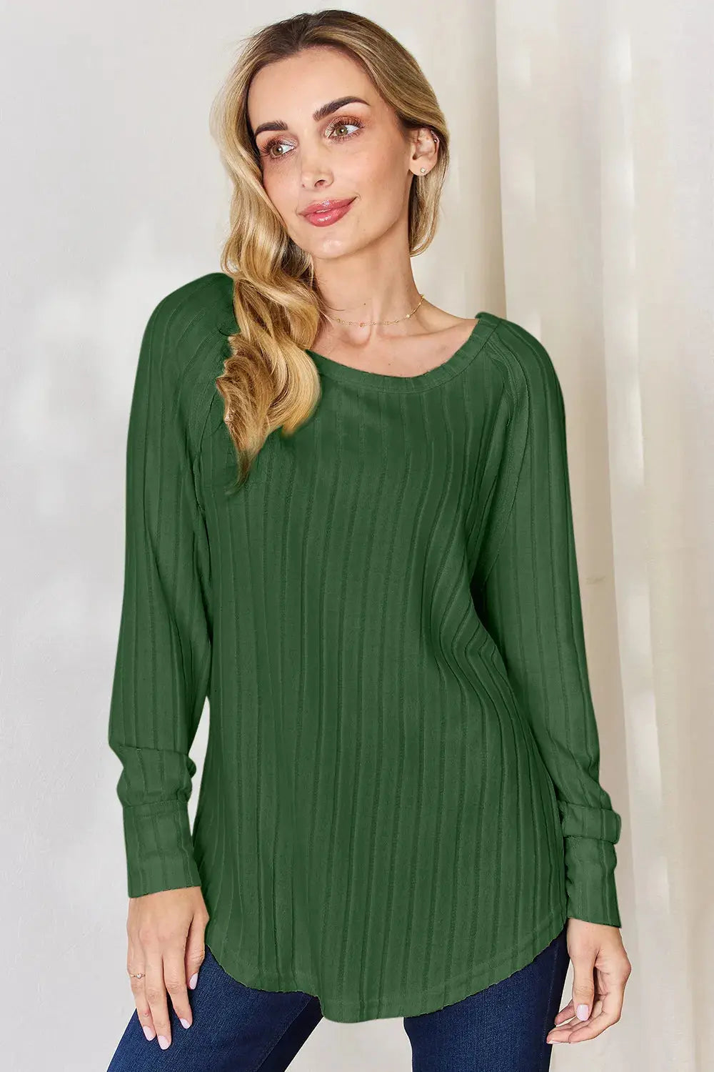 Basic Bae Ribbed Round Neck Slit Womens Long Sleeve T Shirt – Full & Plus Size - Be Bliss Boutique