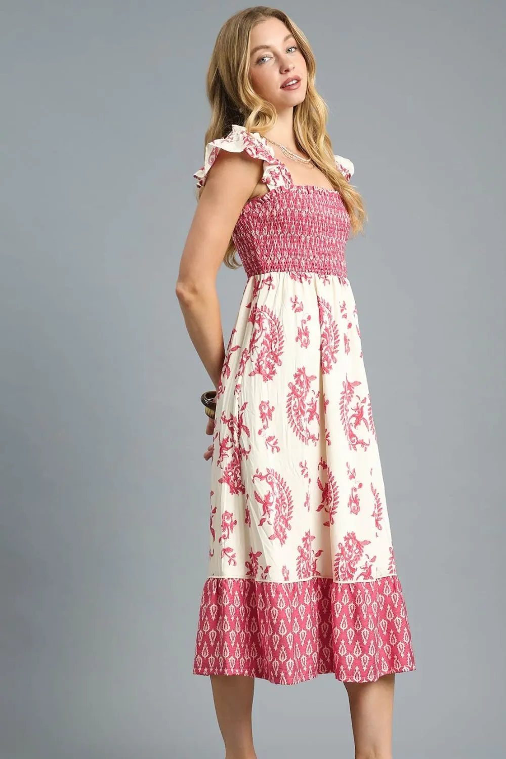 Umgee Boho Printed Smocked Ruffled Midi Dress - Be Bliss Boutique