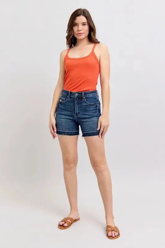 Judy Blue Jeans - Plus Size High Waist Tummy Control Destroy Release Hem Denim Shorts - Be Bliss Boutique