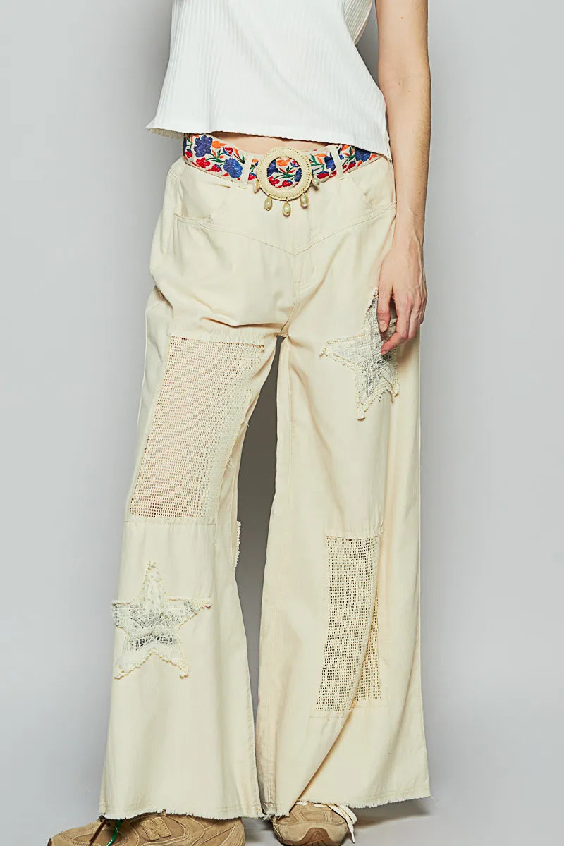 POL Raw Hem Star Patch Boho Wide Leg Pants – Cotton Statement Bottoms - Be Bliss Boutique