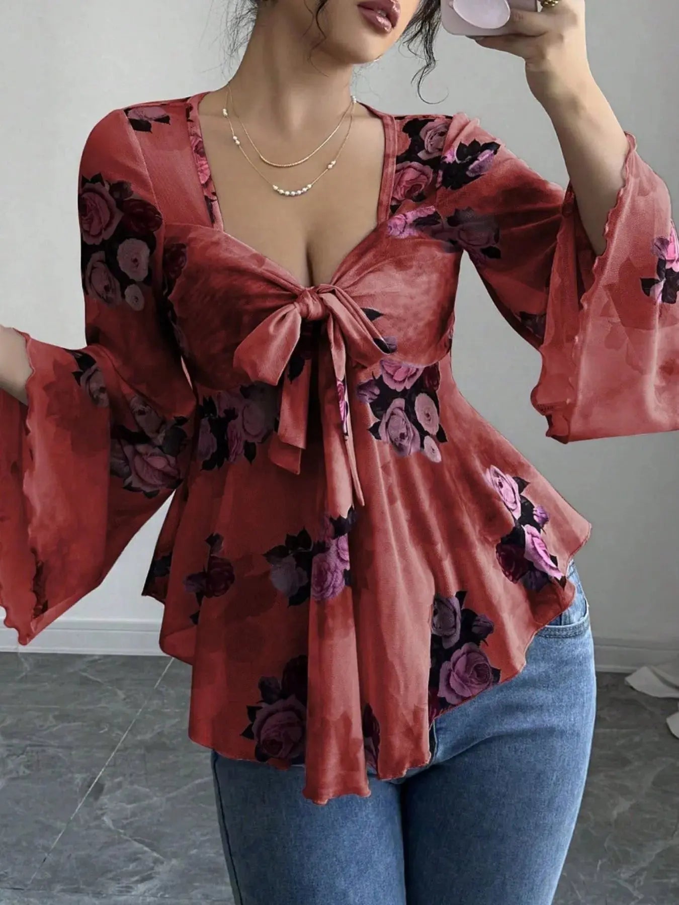 Floral Tie Front Flare Sleeve Blouse - Be Bliss Boutique
