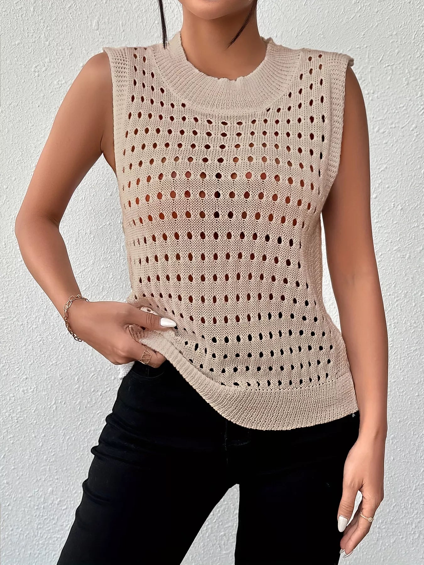 Hollow Out Round Neck Knit Tank - Be Bliss Boutique