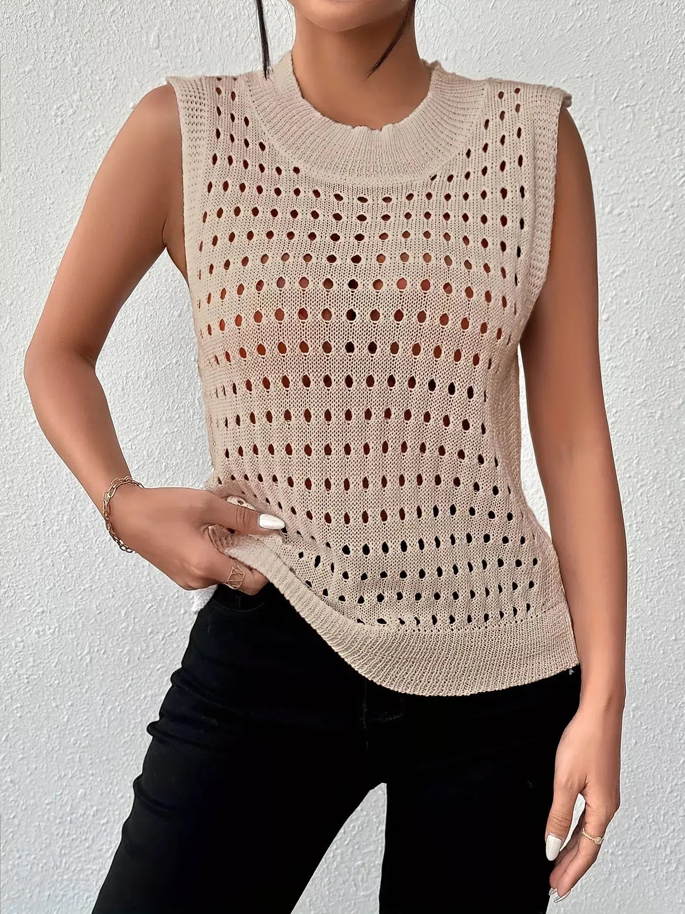 Hollow Out Round Neck Knit Sweater Tank - Be Bliss Boutique