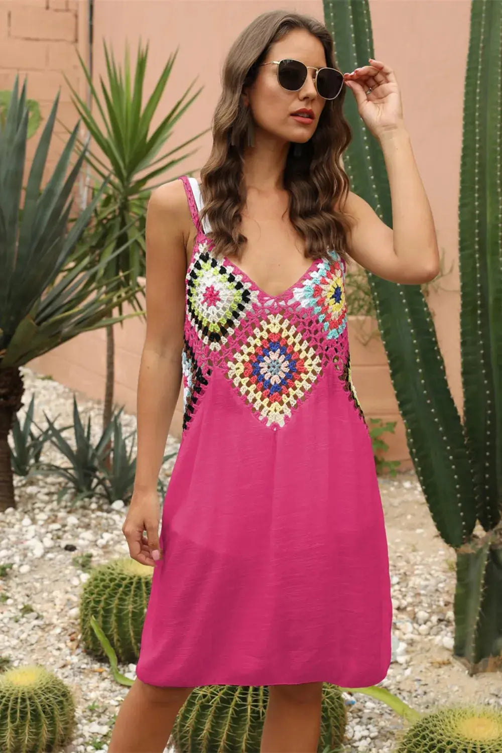 Crochet Geometric V-Neck Spaghetti Strap Cover Up Dress - Be Bliss Boutique
