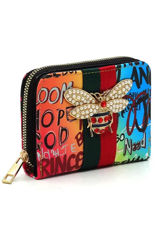 Multi Graffiti Print Queen Bee Stripe Wallet - Be Bliss Boutique