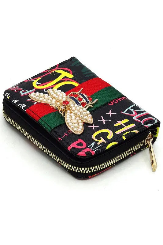 Multi Graffiti Print Queen Bee Stripe Wallet - Be Bliss Boutique