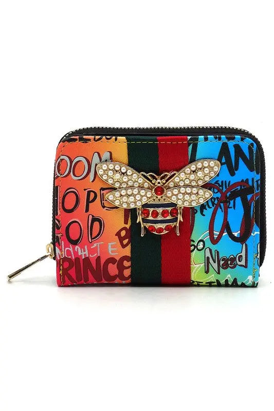 Multi Graffiti Print Queen Bee Stripe Wallet - Be Bliss Boutique