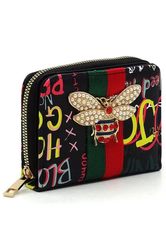 Multi Graffiti Print Queen Bee Stripe Wallet - Be Bliss Boutique