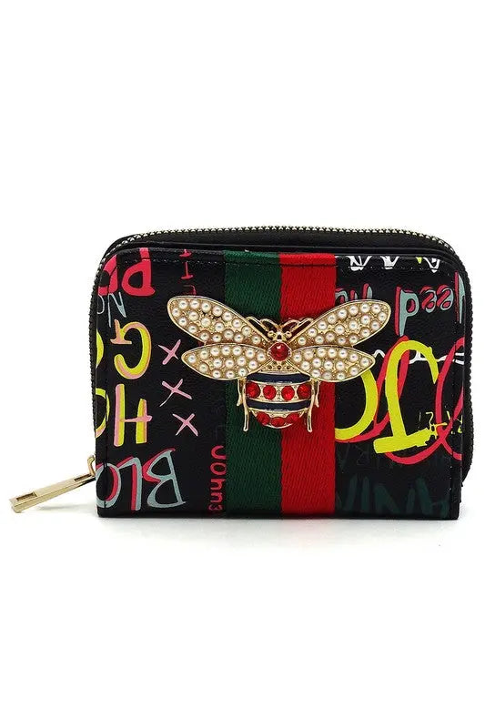 Multi Graffiti Print Queen Bee Stripe Wallet - Be Bliss Boutique