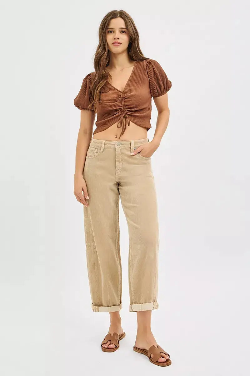 High Rise Crop Barrel Cordurory Pants by RISEN Jeans - Be Bliss Boutique