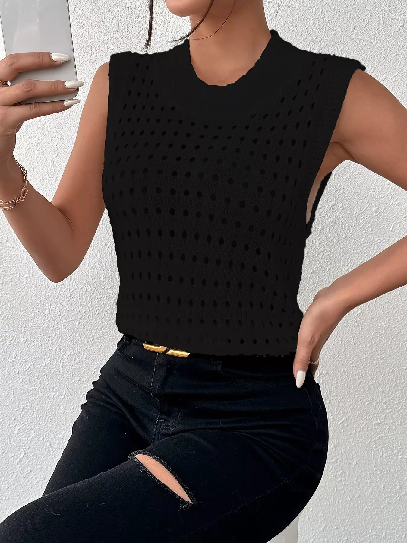 Hollow Out Round Neck Knit Sweater Tank - Be Bliss Boutique