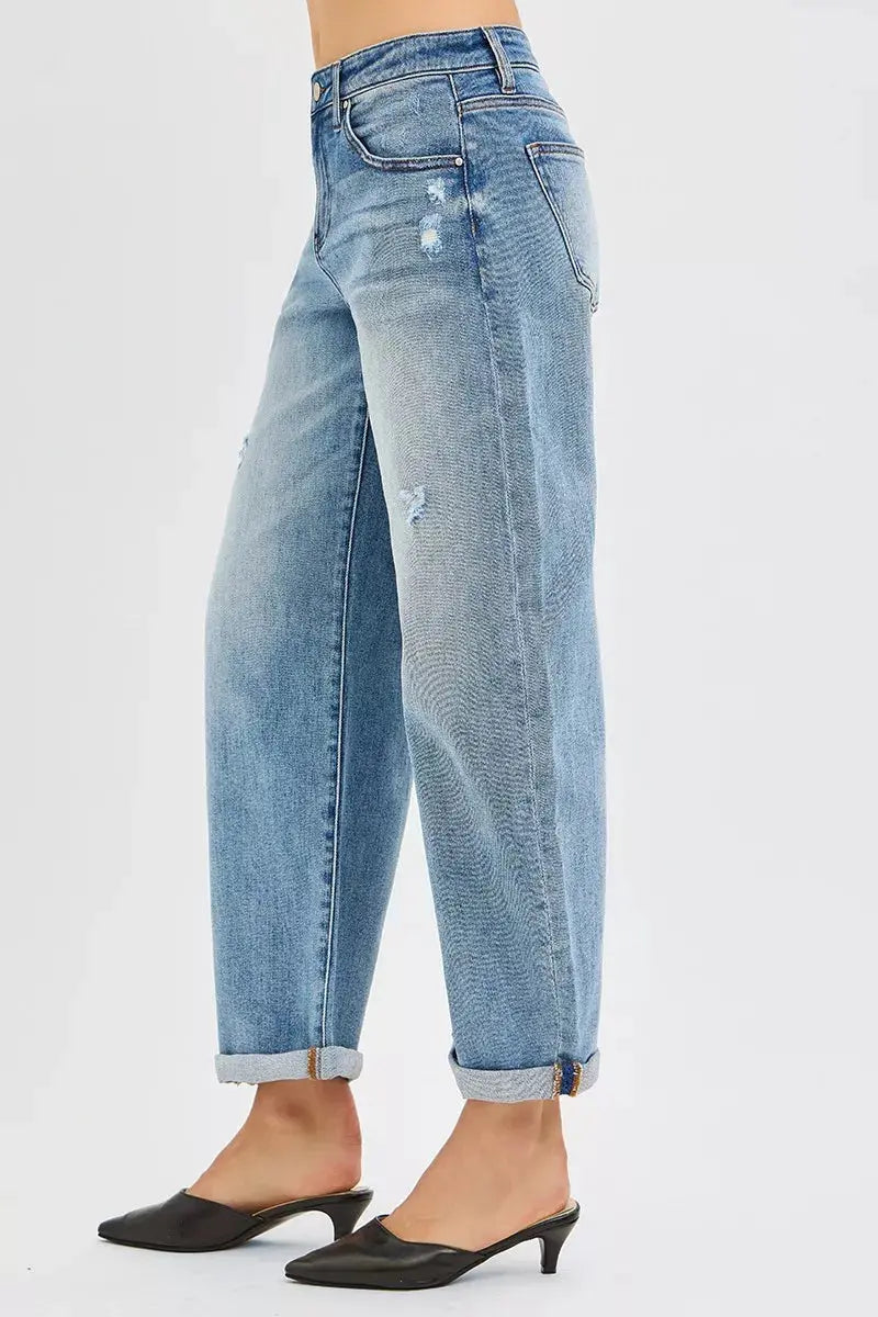 RISEN Jeans - Full Size Slouchy Ankle Length Barrel Jeans with Cuffs - Be Bliss Boutique