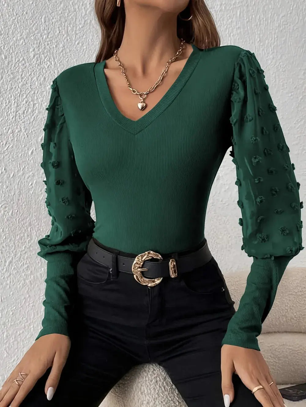Swiss Dot V Neck Long Sleeve Top - Be Bliss Boutique