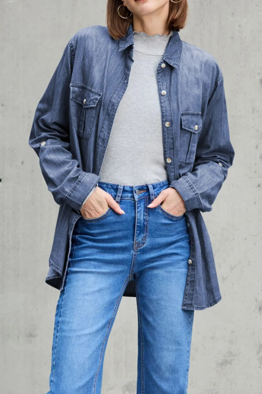 Pocketed Collared Neck Long Sleeve Denim Top - Be Bliss Boutique