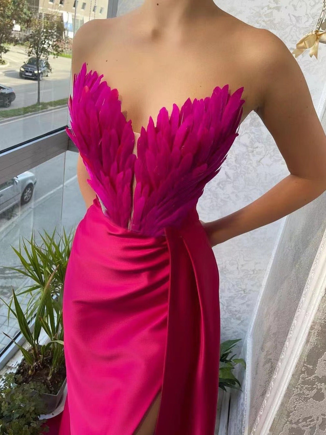 Feather Embellished Slit Maxi Dress - Be Bliss Boutique