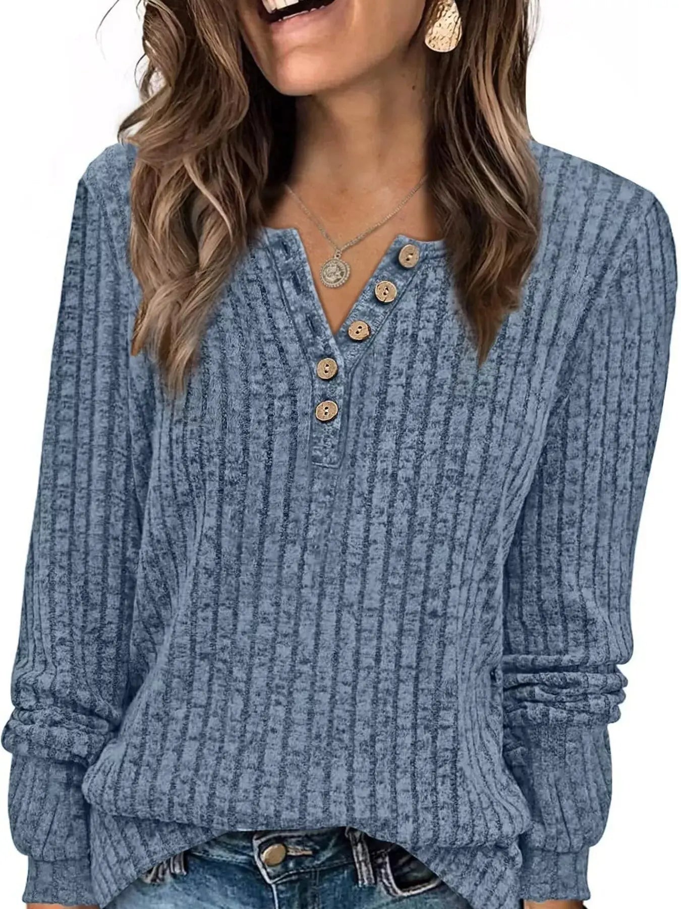 Ribbed Knit Button Front Long Sleeve T Shirt - Be Bliss Boutique