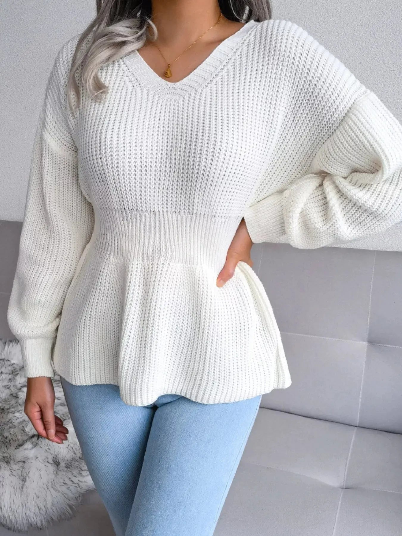 V-Neck Dropped Shoulder Sweater - Be Bliss Boutique