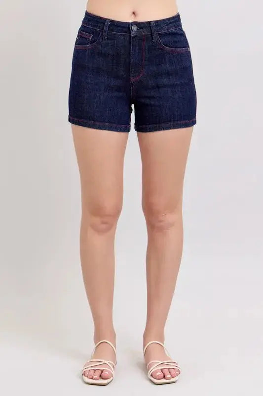 Judy Blue Jeans - Plus Size High Waist Heart Shaped Pockets Denim Shorts with Red Contrast Thread - Be Bliss Boutique