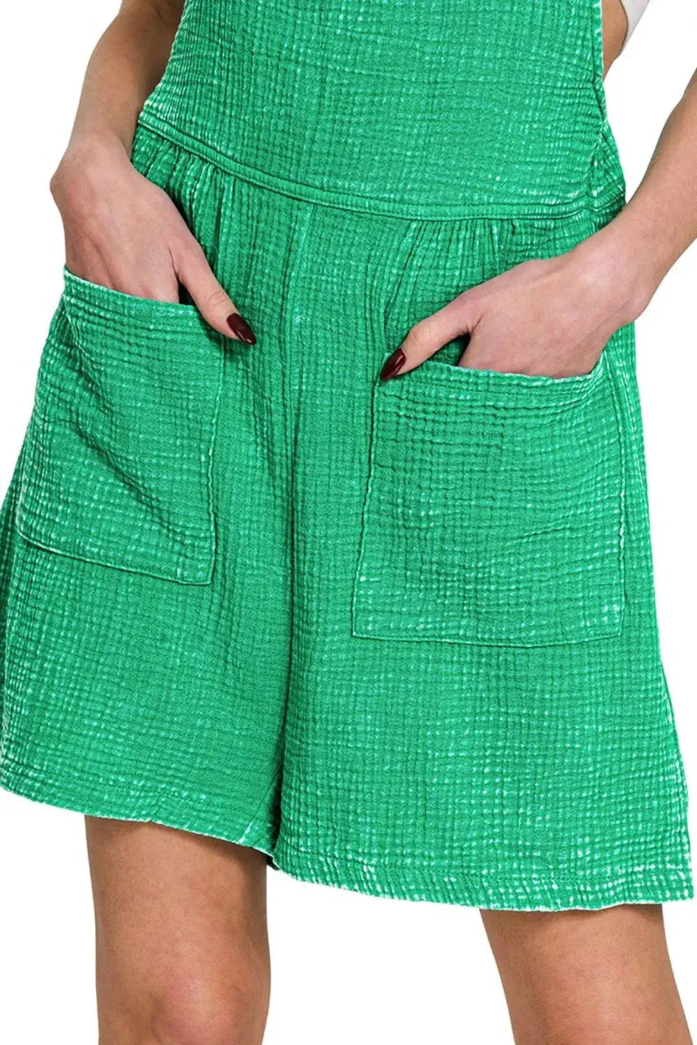 Zenana Woven Green Acid Washed Cotton Gauze Romper with Pockets - Be Bliss Boutique